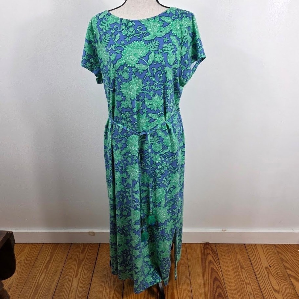 J. Jill Maxi Dress Women Large Green Blue Floral Paisley Tassel Belt Pockets